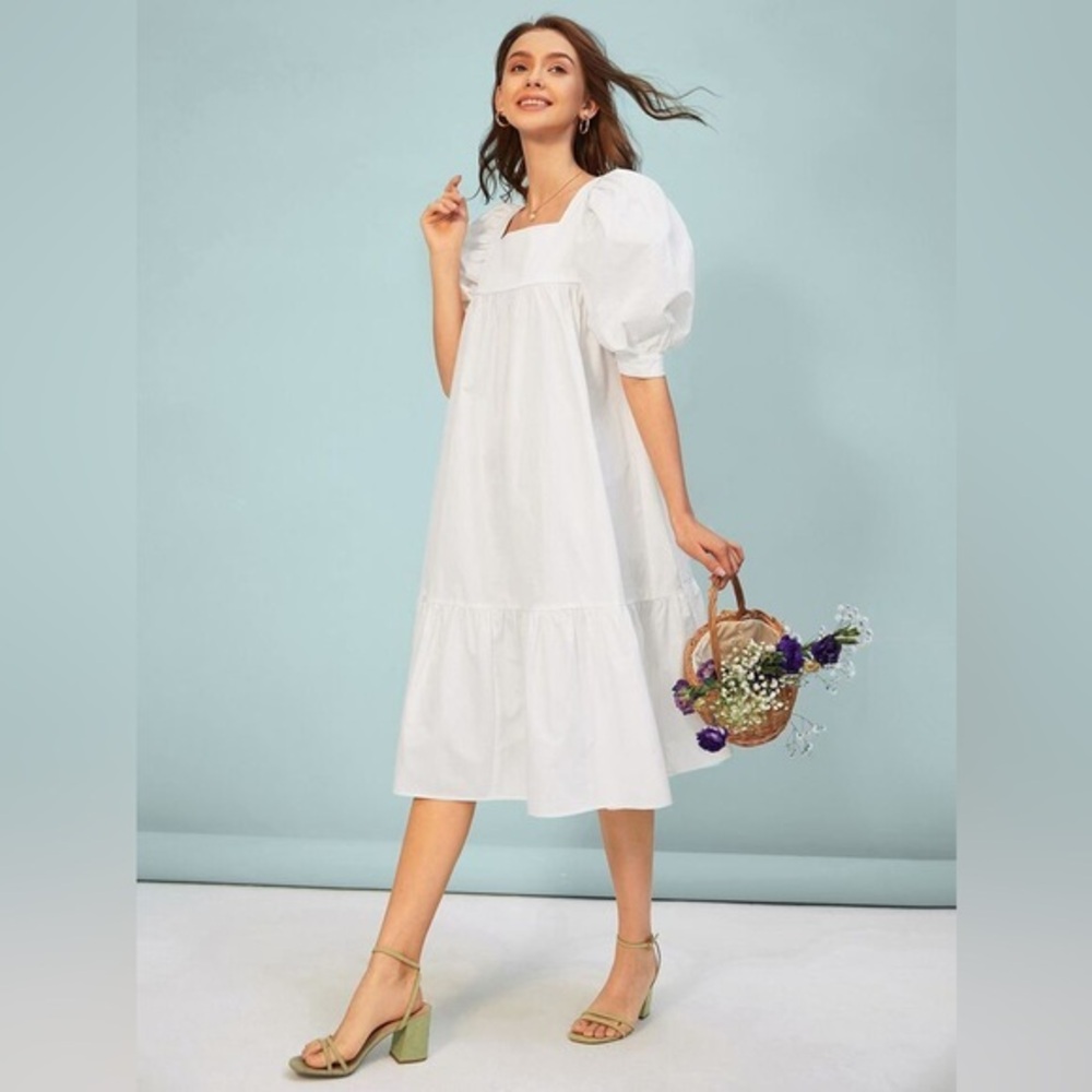 Elegant White Puff Sleeve Poplin Dress Dress Small